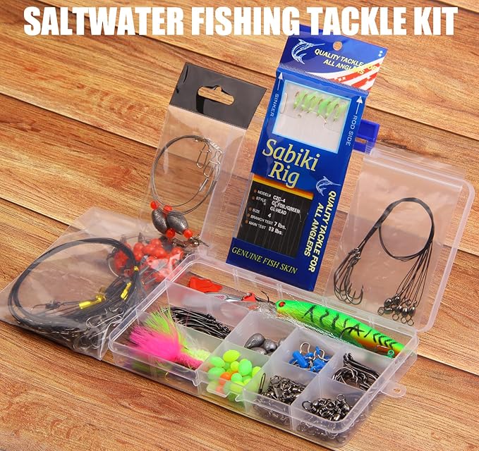 150pcs Saltwater Fishing Gear Surf Fishing Tackle Kit, Various Accessories Include Leaders, Bait Rigs, Spoons, Minnow Lures, Hooks, Swivels Snaps, Jigs, Sinker Weights