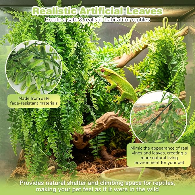 PINVNBY Reptile Plants Hanging Fake Vines Boston Climbing Terrarium Plant with Suction Cup for Bearded Dragons Lizards Crested Gecko Snake Hermit Crab and Tank Habitat Decorations (2 Pack)