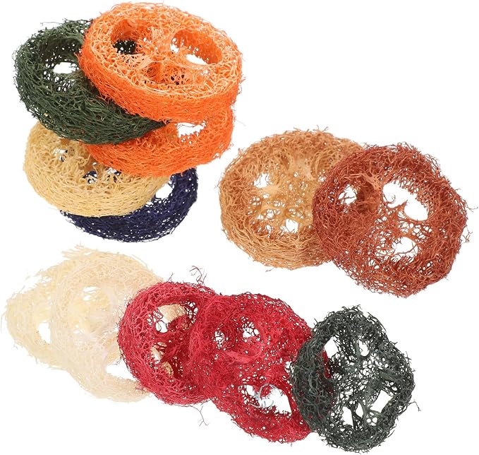 SEWACC 12pcs Organic Loofah Chew for Small Animals Rabbit Bunny Chinchilla Dental Care Molar Grinding Natural Safe Pet Teeth Cleaning with Vibrant Colors and Unique Shapes Random Color