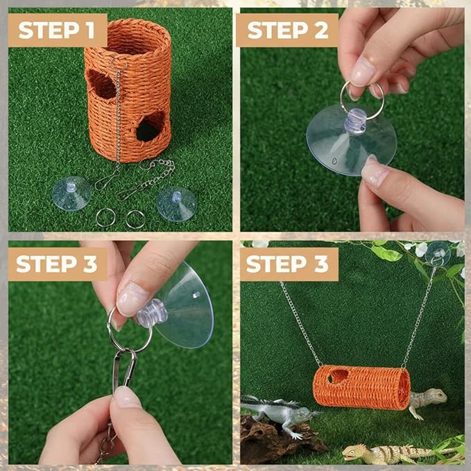 CroBlissful Reptile Hide Cave Hollow Cave Hideout with 2 Pcs Suction Cup and Chain Gecko Hide Reptile Tank Decor Seagrass Fiber Climbing Toy for Lizard Snake Hermit Crab (Long Cylindrical,Orange)