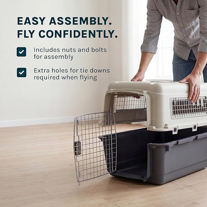 SportPet Airline Compliant Small 24" Travel Dog Kennel - Durable Plastic Airline Pet Carrier (No Wheels) & Food Bowls, Collapsible Indoor/Outdoor Dog Kennel, Dogs up to 21" L & 13" H - Dark Gray