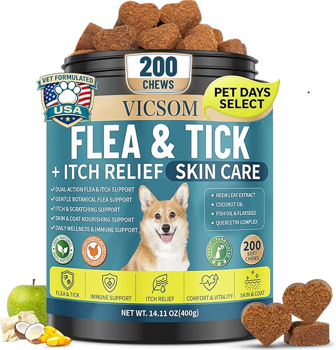 Flea and Tick Prevention for Dogs Itching Skin Relief, 200 Chewable Flea and Tick for Dog with Skin & Coat Support, Itch Relief for Dogs, Oral Supplement for All Breeds & Ages, Chicken Flavor