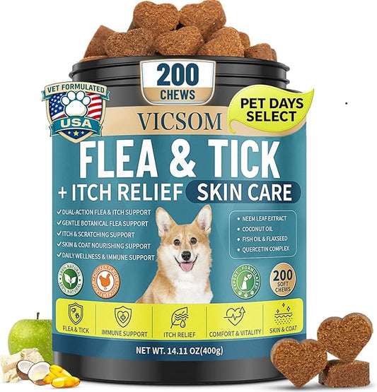 Flea and Tick Prevention for Dogs Itching Skin Relief, 200 Chewable Flea and Tick for Dog with Skin & Coat Support, Itch Relief for Dogs, Oral Supplement for All Breeds & Ages, Chicken Flavor