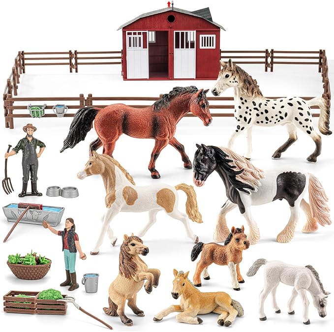 47PCS Horse Toys Stable Playset with Farm Fences for Girls Boys, Solid Plastic Horse Stable with a Handle, Farm Animal Barn Toys Horse Figurines for Kids, Birthday Gift Cake Toppers