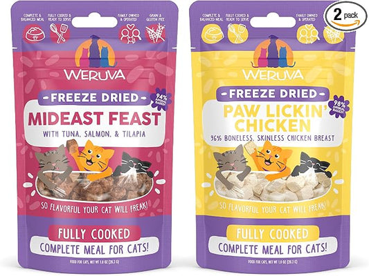 Bundle of Weruva Cat Freeze Dried Foods, Mideast Feast with Tilapia, and Paw Lickin' Chicken with Chicken Breast, 1oz Bags