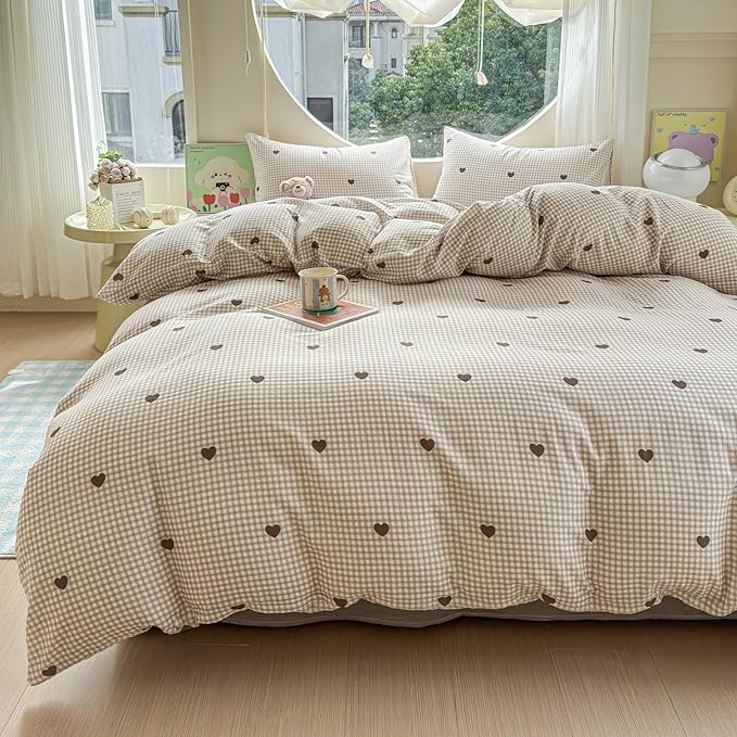 BlueBlue Heart Duvet Cover Set Queen 100% Cotton Soft Lightweight Gauze Bedding Brown Hearts Love on Plaid 1 Abstract Geometric Full Comforter Cover 2 Pillow Shams, Queen