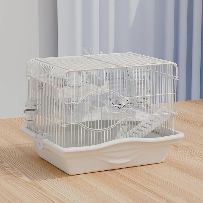 Mini Hamster Cage Starter Kit 15”Lx11”Wx12”H for Dwarf Hamster & Robo Hamster with Multilevel Platforms, Exercise Wheel, Transparent House, Ladder, Water Bottle, Food Bowl, White