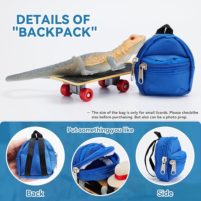 AOWPFVV 3 Pack Bearded Dragon Toys Includes a Bearded Dragon Backpack, an Adjustable hat, and a mini Skateboard Toy, for Small Reptile Pets Such as Lizards, Hamsters, Parrots, and Turtles