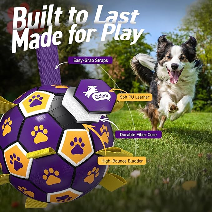 QDAN Dog Ropes Toys, Soccer Ball with Straps, Interactive Dog Toys for Tug of War, Dog Water Toy, Durable Balls for Medium Large Dogs（8 Inch）