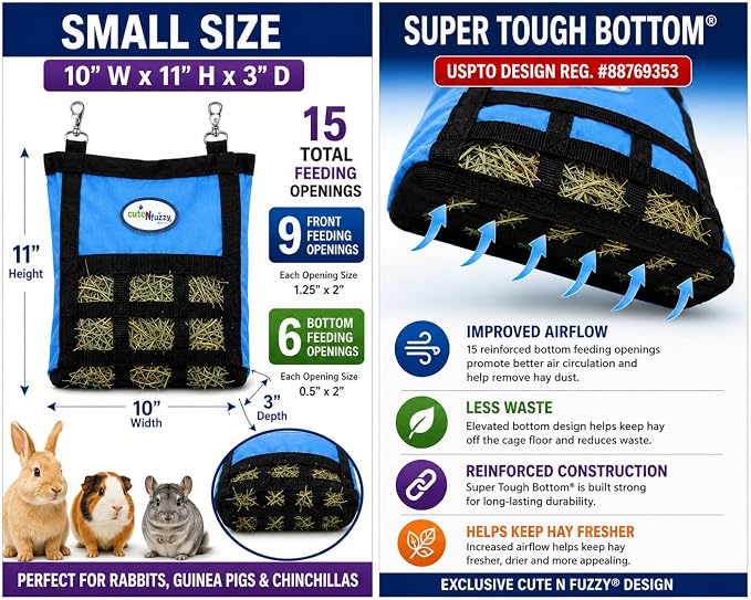 Rabbit & Guinea Pig Hay Bag Feeder with Super Tough Bottom® Design | Small 10" x 11" x 3" Hanging Hay Feeder | Organized Feeding | Made in USA Design (Dark Purple, Small 10" x 11" x 3")