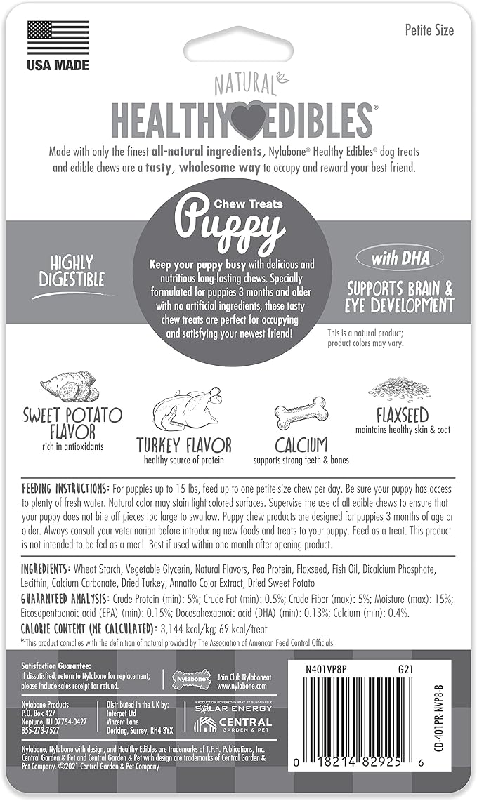 Nylabone Healthy Edibles Natural Puppy Chews Long Lasting Treats for Puppies, Turkey & Sweet Potato Dog Treats, X-Small/Petite (8 Count)