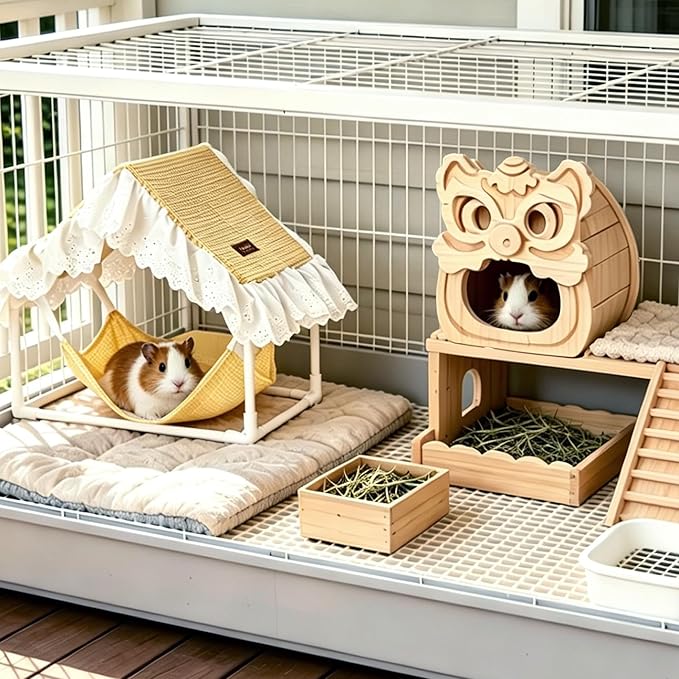 Chinchilla Hideout Wooden Hides for Guinea Pigs, Small Animal Nature Wood House Chinchilla Cage Accessories for Hamster, Squirrel, Sugar Gliders etc (Lion Shape)