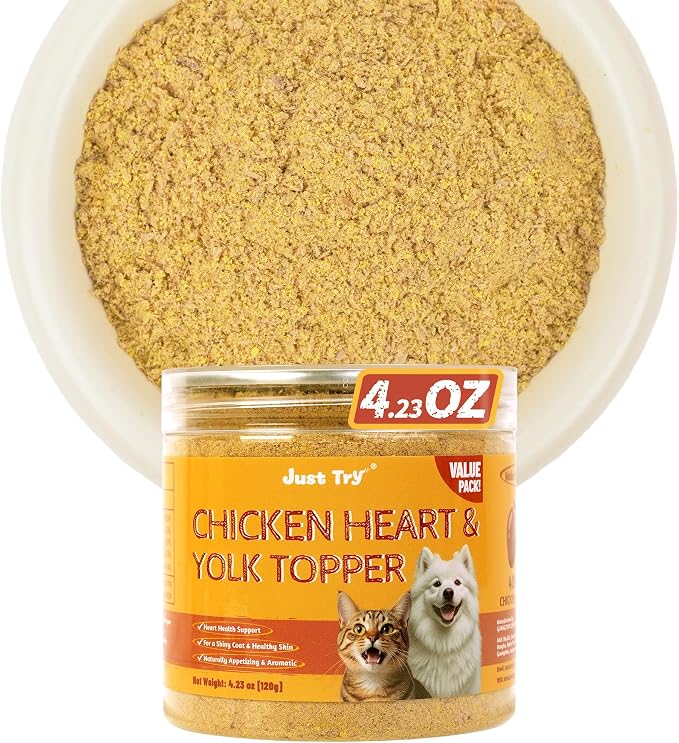 Just Try 4.23 OZ Chicken Heart & Egg Yolk Cat Food Toppers Sprinkles with Freeze Dried Egg Yolk Chicken Hearts for Dogs, High Protein & Heart Health Support