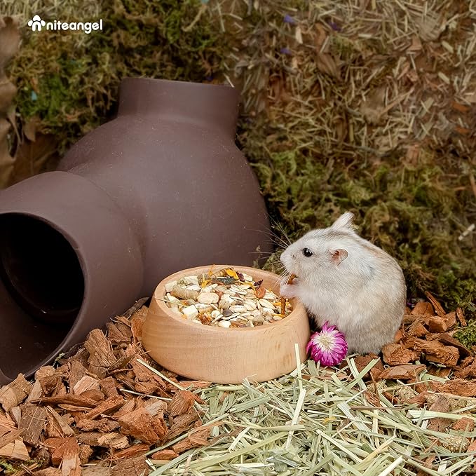 Niteangel Wooden Hamster Feeding Bowl - Small Animal Food Dish for Dwarf Syrian Hamsters Gerbils Mice Degus or Other Similar-Sized Small Pets (Hammy Pattern, for Dwarf)