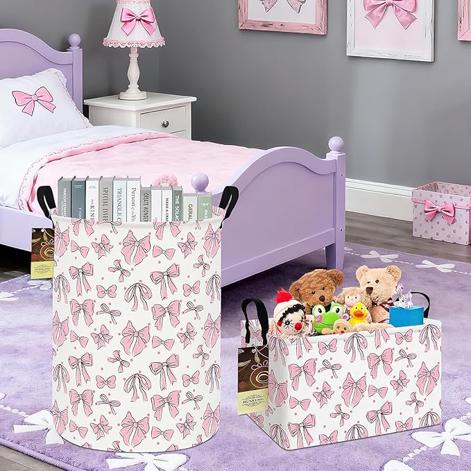 Collapsible Fabric Storage Basket, Waterproof Laundry Hamper with Handles, Round Storage Bin for Clothes Toys, Foldable Organizer for Bedroom Nursery Bathroom(Round-Pink Bow)