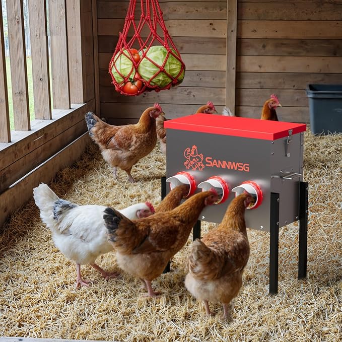 Chicken Feeders,47 lb Capacity 6 Port Automatic Chicken Feeder, Metal Chick Feeder with Locking Lid and Legs, Chicken Feeder for Chickens, Ducks, Geese