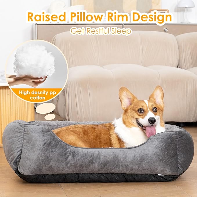 Dog Bed Extra Large, Super Soft Rectangle Dog Beds, Washable Warming Pet Bed with Anti-Slip Bottom, Anti-Anxiety, Grey, 35 x 25 x 9inch