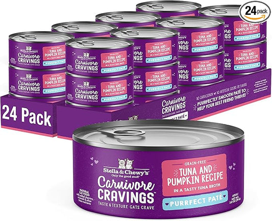 Stella & Chewy's Carnivore Cravings Purrfect Paté - Premium Grain-Free Wet Cat Food - Tuna & Pumpkin Recipe - High Protein with Bone Broth - Perfect for Picky Eaters - 2.8oz Cans (24 Pack)