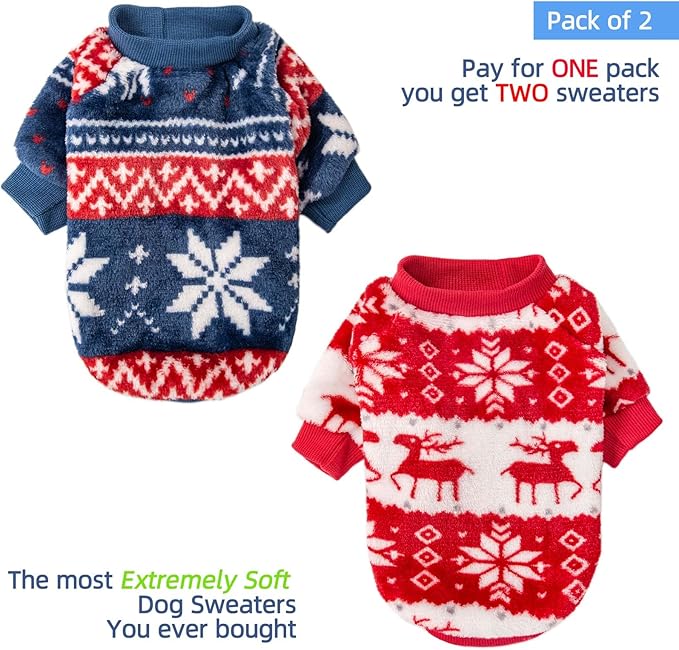 FabriCastle Christmas Dog Sweater, 2-Pack Dog Clothes, Ultra Soft and Warm Pet Jackets for Small Dogs & Cats, Winter Pet Apparel Costumes, Puppy Outfits (Red,Blue, Small)