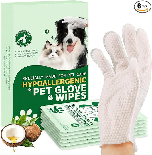 GLADFRESIT Pet Grooming Glove Wipes for Dogs & Cats, Hypoallergenic Deodorizing Cleansing Wipes with Coconut Oil & Botanical Extracts, Daily & Outdoor Care, 60g Portable and Lightweight (6 Pcs)
