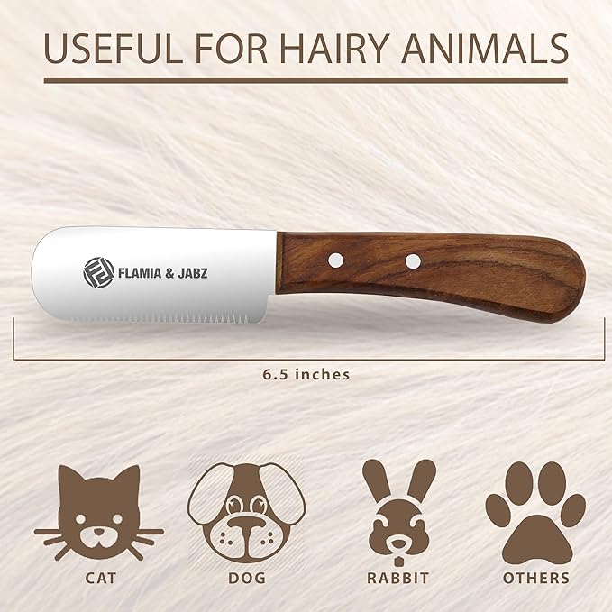FLAMIA & JABZ Professional Dog Grooming Hand Stripping Knife, Stripper Trimmer Tool, Red Meranti Wooded Handle non slip grip with Tripping Stainless Steel blade (Medium, Right Handed)