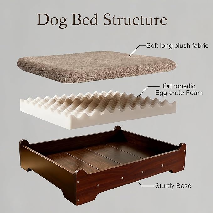 Elevated Dog Bed 37⅜" × 28⅜"×7⅝”,Raised Wooden Dog Bed Frame and Mattress for Large Pets up to 80lbs