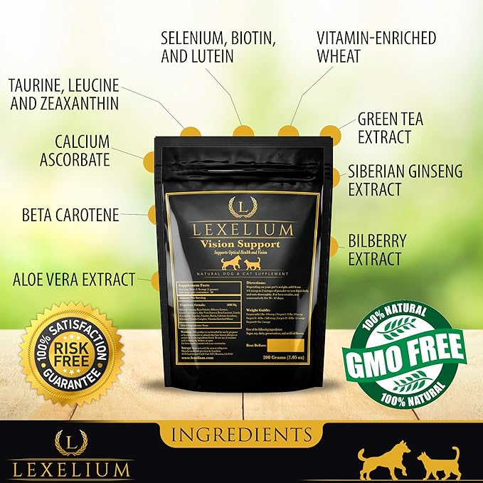 Vision Support & Eye Sight Supplement for Dogs and Cats- Fortified with Zeaxanthin, Bilberry, Lutein, and Beta Carotene - 200 Grams