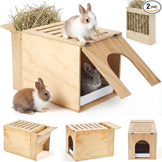 2 in 1 Extra Large 23 x 13.4 Inches Wooden Rabbit Litter Box with Hay Feeder Large Capacity Less Mess Rabbit Hay Feeder Litter Box Set for Rabbits, Bunny, Guinea Pig, Hamster, Small Animals