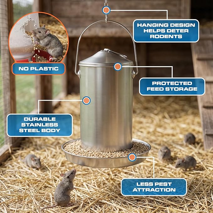 Plexon 8.8 Lb Stainless Steel Hanging Chicken Feeder no Waste Food-Grade - Duck Turkey Poultry Feeder for Chicken Metal - Heavy Duty Reliable Long-Lasting with Handle