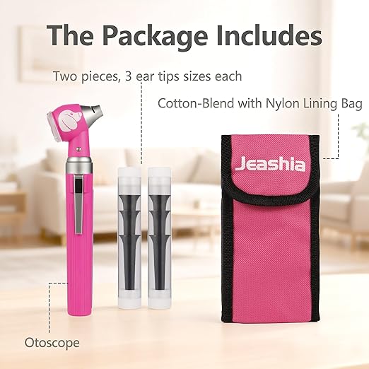 Pocket Veterinary LED Otoscope - Pet Ear Scope with Light for Dogs & Cats, 6 Disposable Tips (4/6/9mm), Portable Ear Infection Detector (Pink)