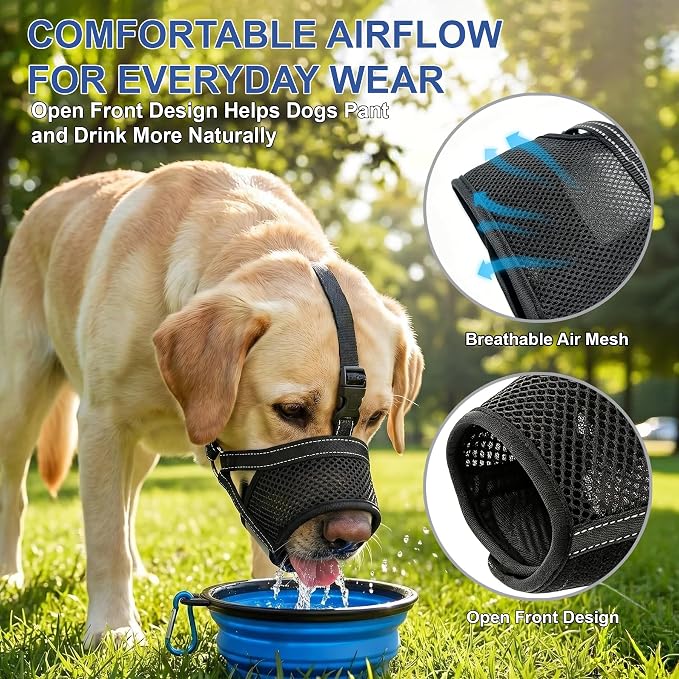 Soft Dog Muzzles for Small Medium Large Dogs, Mesh Soft Mouth Guard for Chewing and Barking Prevention, Adjustable Hook and Loop Loop with Reflective Strap for Grooming, Vet Visits & Walks (Black, S)