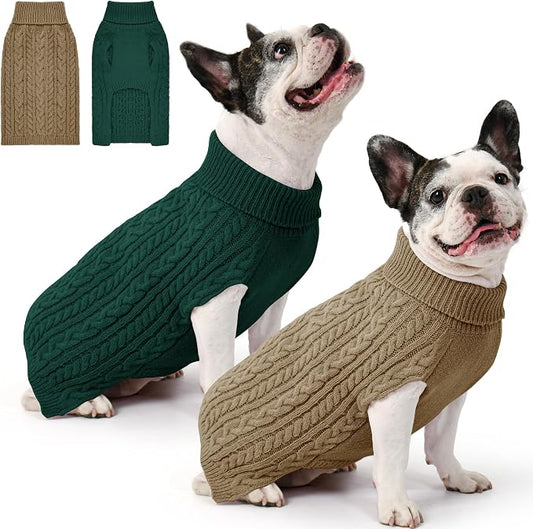 Dog Sweater 2 Pack for Medium Dogs, Size L, Green & Brown | Stretchy cable knit turtleneck, machine washable, high belly cut, comfy winter fit for French Bulldog, Corgi