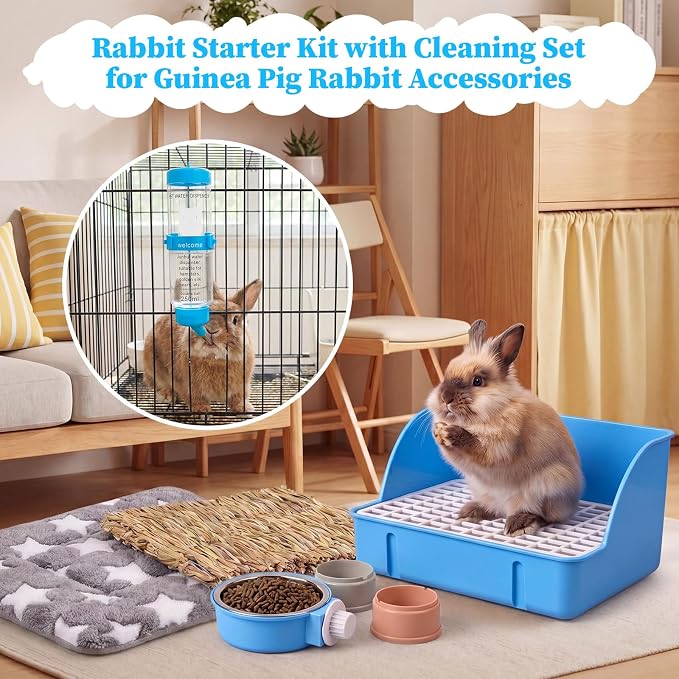 34 Pcs Rabbit Starter Kit Rabbit Litter Box Small Animal Water Bottle Cups Bunny Tunnels Animal Grooming Kit Bowl Blanket with Cleaning Set for Guinea Pig Bunny(Style 2,Dark Blue)