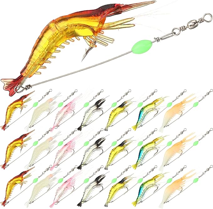 28 Pcs Saltwater Fishing Lures Set, 7 Colors Glow Artificial Shrimp Bait Shrimp Lure with Hook Bead Fishing Tackles for Trout Bass Flounder Redfish Freshwater Saltwater Catfish Salmon