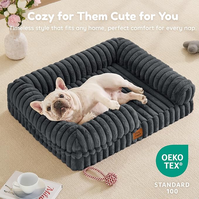 ChiXnuggle Orthopedic Dog Bed with Bolster Sides for Sleeping, Fluffy Plush Rectangular Dog Bed Medium Sized Dog, Luxury Striped Faux Fur Waterproof Dog Couch with Removable Washable Cover, Dark Grey