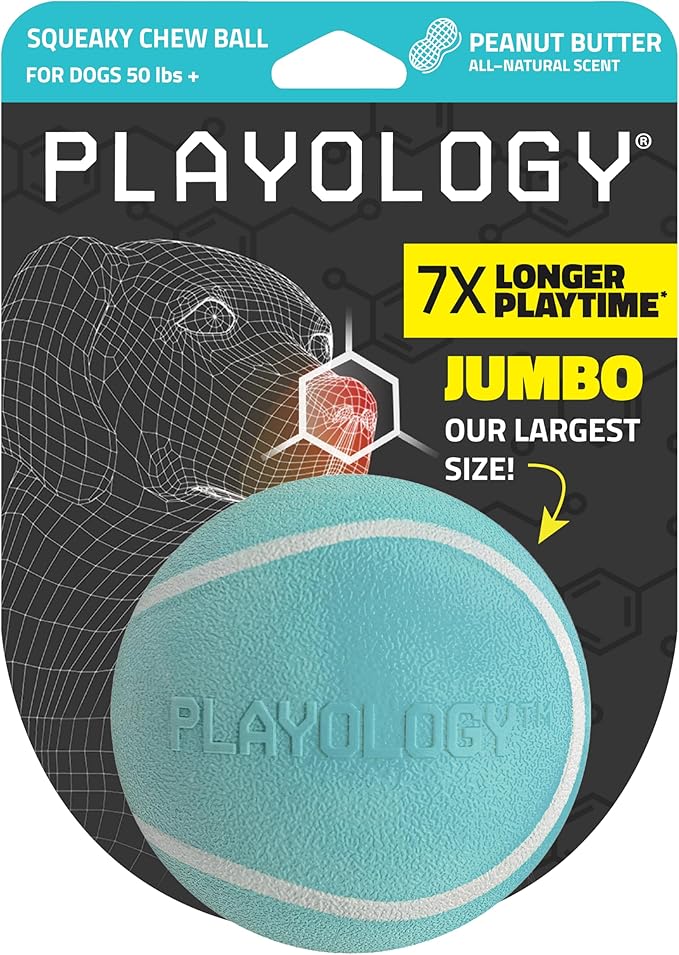 Playology Dog Toys | Squeaky Chew Ball for Large Dogs | Peanut Butter Scented Jumbo Dog Ball | Bouncy Floating Chew Toys for Fetch