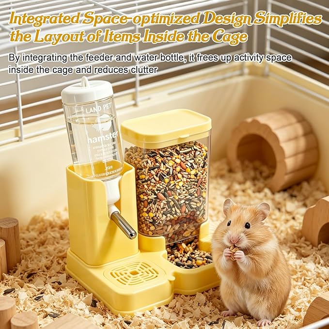Hamster Water Bottle 2-in-1, 80ml Top-Fill Water Dispenser & 320ml Food Feeder, BPA-Free Anti-Leak Small Animal Cage Accessories for Hamster Gerbil Mouse (Yellow)
