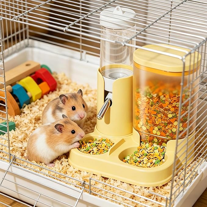 Hamster Water Bottle & Automatic Feeder Combo, No Drip Guinea Pig Water Bottle with Stainless Steel Nozzle, BPA Free Transparent Dispenser for Hamsters Guinea Pigs Gerbils