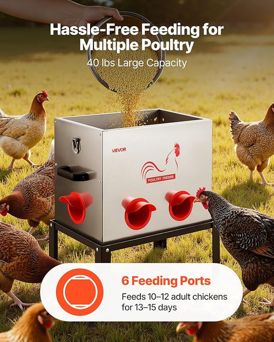VEVOR Automatic Chicken Feeder, 40 lbs Capacity, 6 Feeding Ports No-Waste Poultry Feeder with Built-in Divider, with Latch & Handle, Metal Construction, for Chickens Bantams Pheasants Poultry Coop