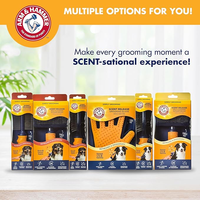 Arm & Hammer Deodorizing Slicker Brush for Dogs, Fragrance Transfer Technology with Baking Soda, Self-Cleaning Button, Removes Loose Fur & Tangles, Dog Grooming Brush, Sweet Apple & Rose Scent