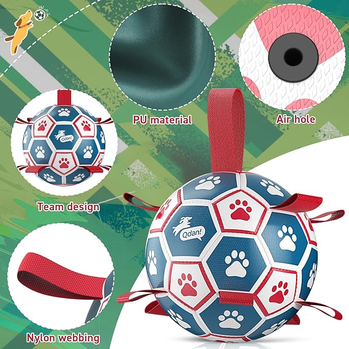 QDAN Dog Toys Soccer Ball with Straps：Durable Balls for Large Dogs, Outdoor Dog Toys, Puppy Birthday Gifts (8 Inch)