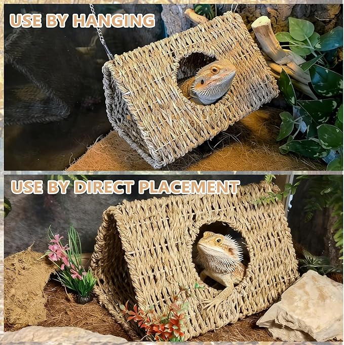 Reptile Hide Cave,Hollow Gecko Hide,Hanging Seagrass Fiber Bearded Dragon Hammock Swing Lizard Cage Climbing Toys with Suction Cups&Chains,Reptile Tank Decor with Simulation Plants-Triangle L
