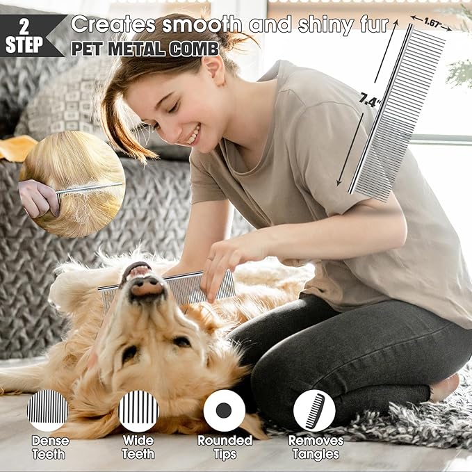Bonteck Dog Slicker Brush for Dogs Grooming Kit 5PCS | Large Dog Brush for Goldendoodles Poodles Doodles | Long Pin Haired Brush | Poodle Brushes and Comb (Black)