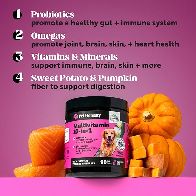Dog Multivitamin Max Strength, 15-in-1 Multivitamin for Dogs – Dog Vitamins & Supplements with Glucosamine, Probiotics & Omega 3s – Supports Joint, Heart, Immune, Skin & Coat Health – Chicken (90 Ct)