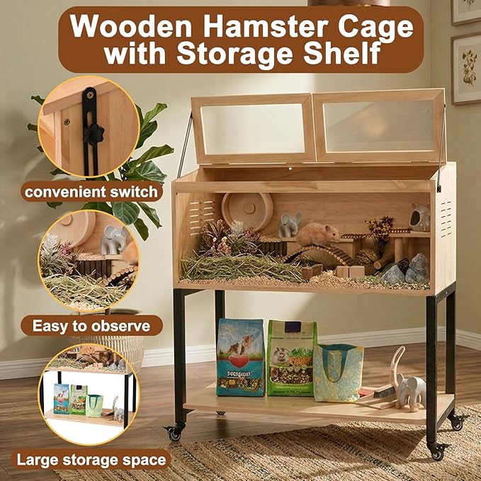 Wooden Hamster Cage with Storage Shelf, Large Hamster Cage, Pine, Guinea Pig Cages, 47.0" L x 20.0" W x 42.0" H Small Animal Cages with Stand & Wheels for Guinea Pig, Chinchilla, Rat, Bunny, etc.