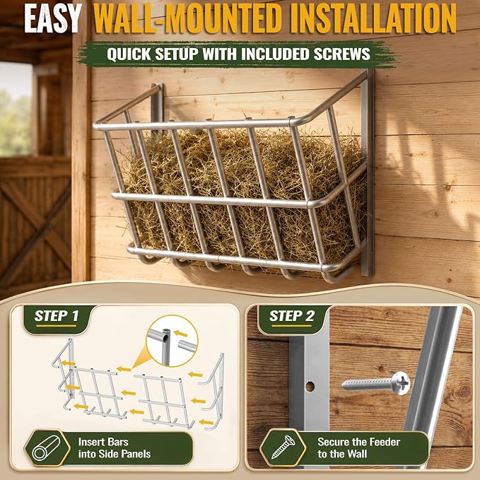 20 Gallon Wall Mount Hay Feeder, Metal Hay Rack for Goats and Horses | Galvanized steel, livestock feeding rack, barn stall feed holder, space-saving, rounded edges, easy install