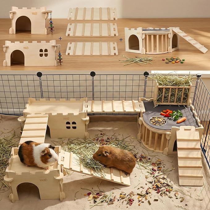 YKD Castle Chinchilla House, Small Animal Hideout for Chinchilla, Guinea Pig, Hedgehog, or Rat, Ventilated Wooden Guinea Pig Hut Habitat with Multiple Doors (Medium)