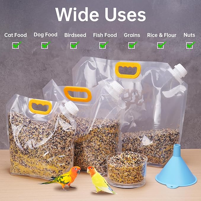 NiHome 3-Pack Bird Food Storage Bags for Birdseed, Sunflower Seeds, Nuts, Thistle Seeds, Pet Food, 10L/5L/2.5L Multi-Size Set with Funnel, Portable Handle and Easy-Pour Spout for Indoor & Outdoor Use