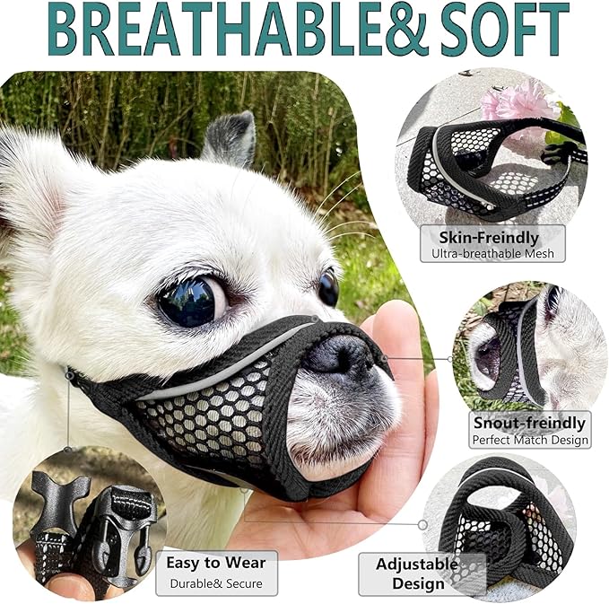 Dog Muzzle for Small Medium Dogs Breathable Adjustable, Chihuahua Shih Tzu Puppy, Soft Air Mesh Muzzle for Grooming Vet Visits, Prevent Biting Fierce Barking (Deep-Black, XL)