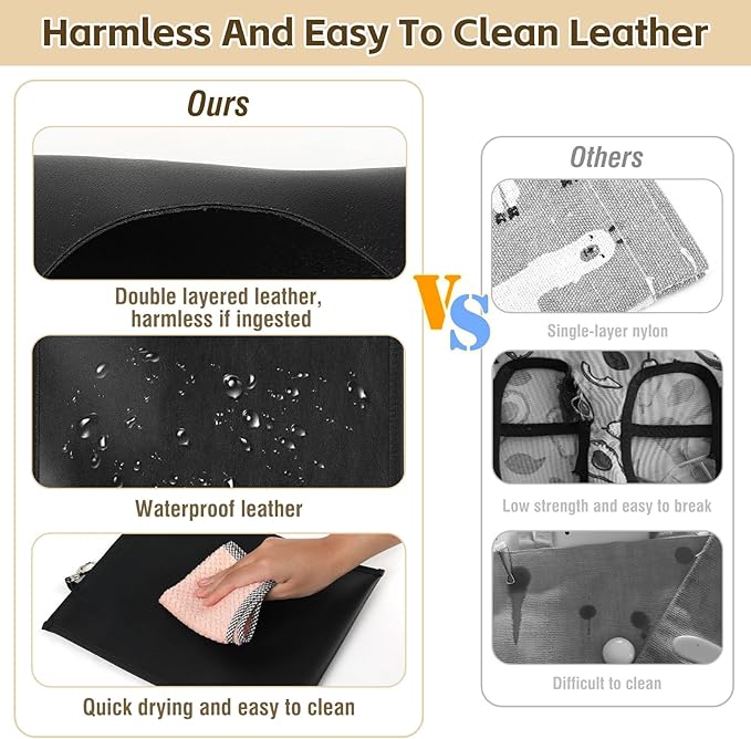 2Pcs Hanging Hay Feeder Bag for Guinea Pigs, Capacity of 0.35 Pounds of Hay, 11.8 x 9.8 Inch Bilayer Harmless Artificial Leather, 2-Hole Washable Hay Feeding Pouch for Small Rabbit, Chinchillas